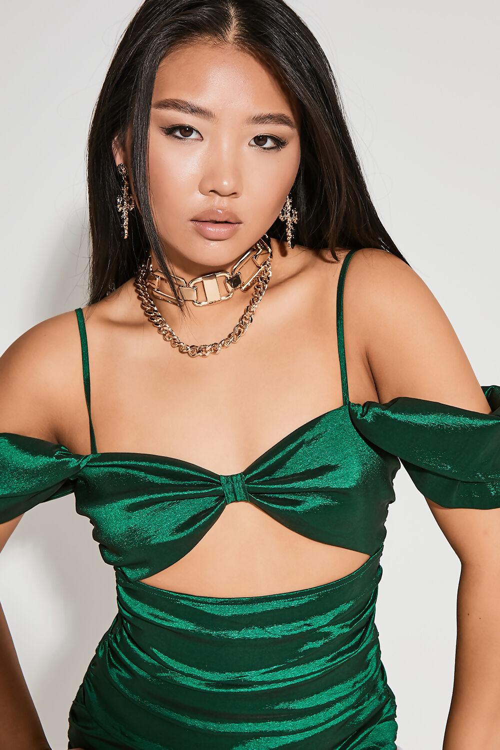 Saint Genies Violet Green Satin Ruched Bardot Mini Dress