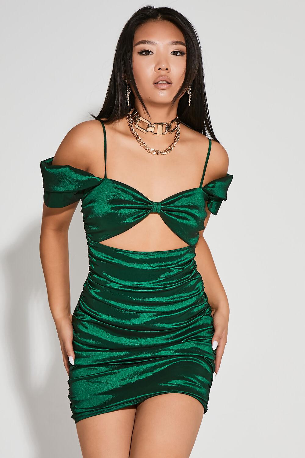saint genies Violet Green Satin Ruched Bardot Mini Dress