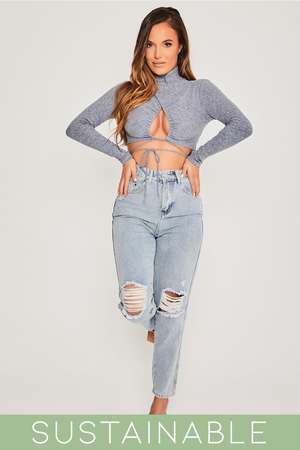 saint genies Zoe Grey Blue Recycled Rib Tie Front Cut Out Detail High Neck Crop Top
