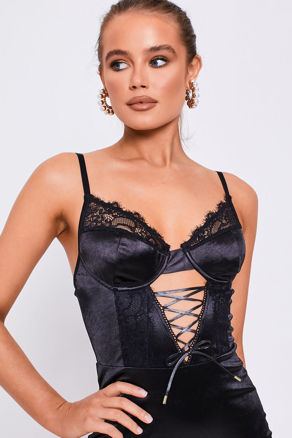 Saint Genies Zoey Black Lace Front Satin Bodycon Mini Dress