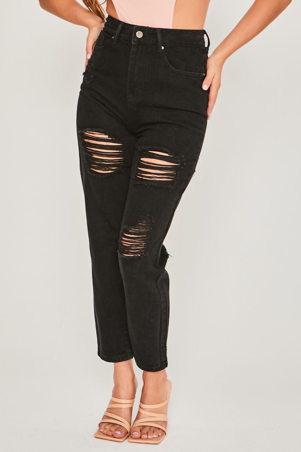 saint genies Zuri Washed Black High Waist Distressed Mom Jeans