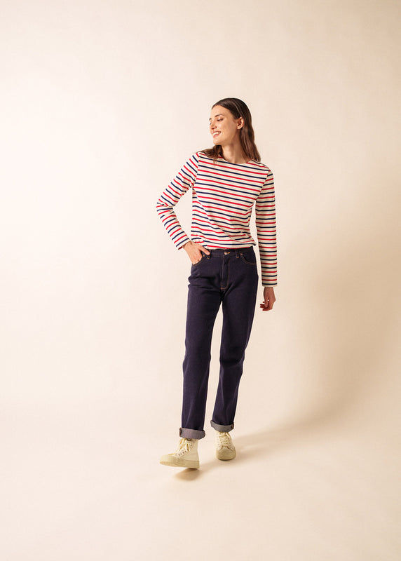 Saint James Meridame Tricolour Striped Sailot Shirt ECRU/MARINE/TULIPE