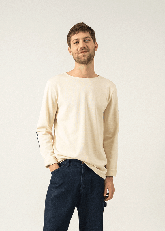 saint james Méridien iconic sailor shirt with striped elbow patches ECRU/NAVY/ECRU