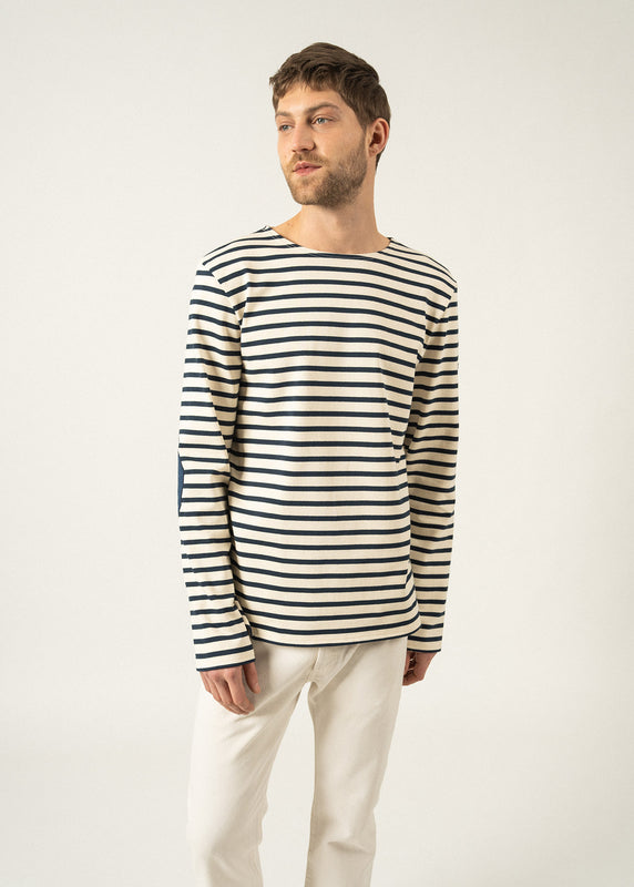 Saint James Méridien Iconic Sailor Striped Shirt With Plain Elbow Patches ECRU/MARINE/MARINE