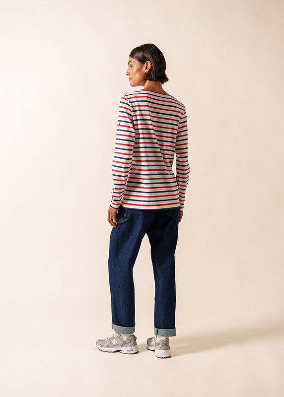 Saint James Minquidame Tricolour Striped Sailor Shirt ECRU/MARINE/TULIPE