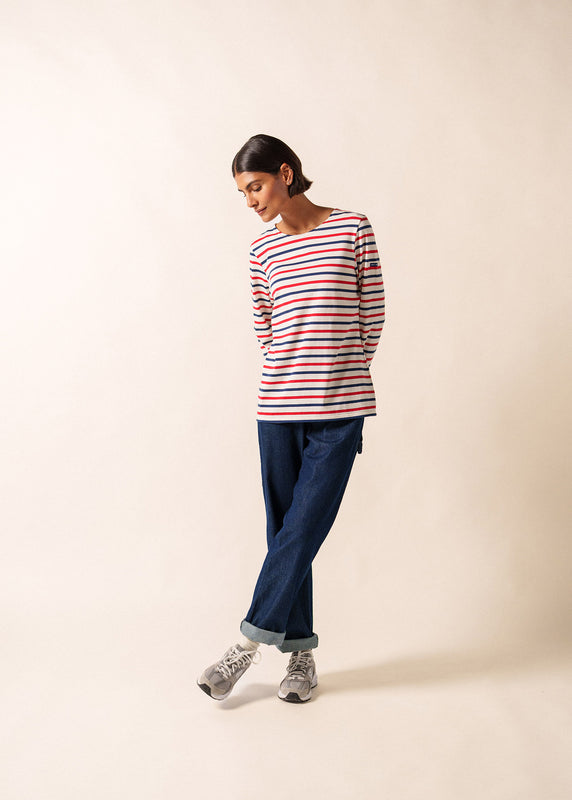 Saint James Minquidame Tricolour Striped Sailor Shirt ECRU/MARINE/TULIPE