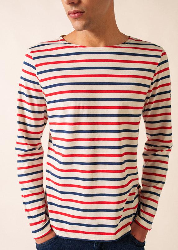 Saint James Minquiers Tricolour Striped Sailor Shirt ECRU/MARINE/TULIPE