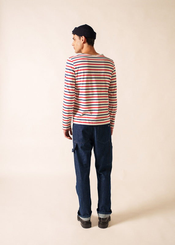 Saint James Minquiers Tricolour Striped Sailor Shirt ECRU/MARINE/TULIPE