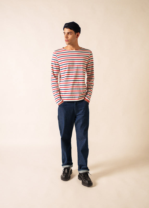 Saint James Minquiers Tricolour Striped Sailor Shirt ECRU/MARINE/TULIPE