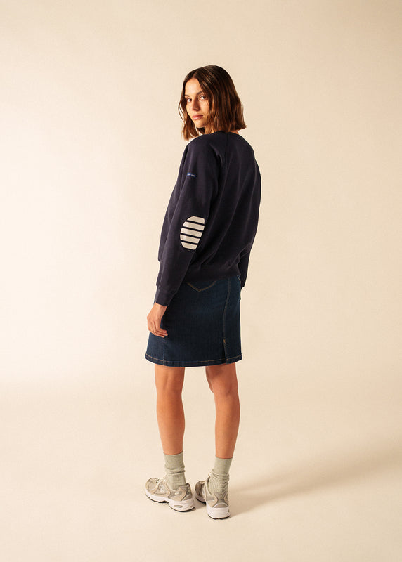 Saint James Patsy Cotton Sweatshirt – With Striped Elbow Patches MARINE/BLANC/MARINE