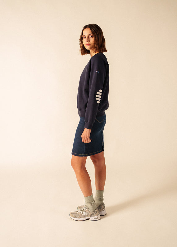 Saint James Patsy Cotton Sweatshirt – With Striped Elbow Patches MARINE/BLANC/MARINE