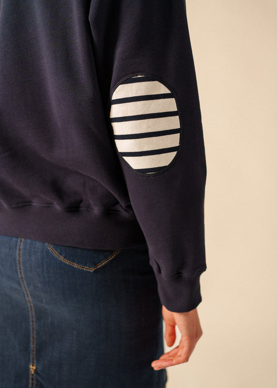 Saint James Patsy Cotton Sweatshirt – With Striped Elbow Patches MARINE/BLANC/MARINE