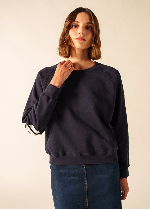 saint james Patsy Cotton Sweatshirt – with striped elbow patches MARINE/BLANC/MARINE