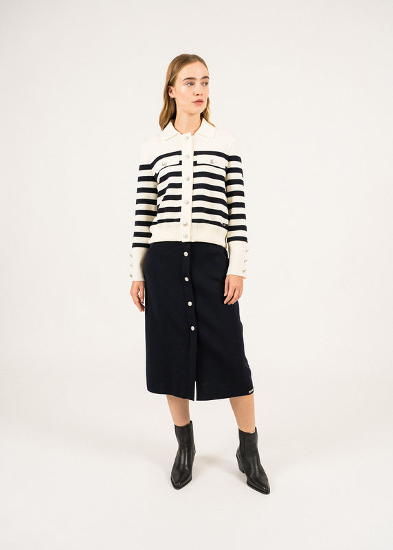Saint James Rollet Striped Wool Cardigan ECUME/NAVY