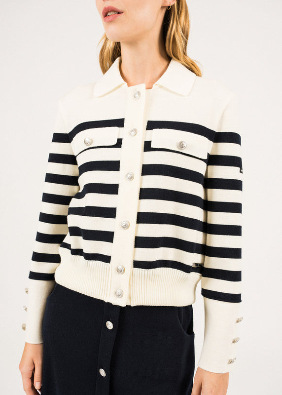 Saint James Rollet Striped Wool Cardigan ECUME/NAVY