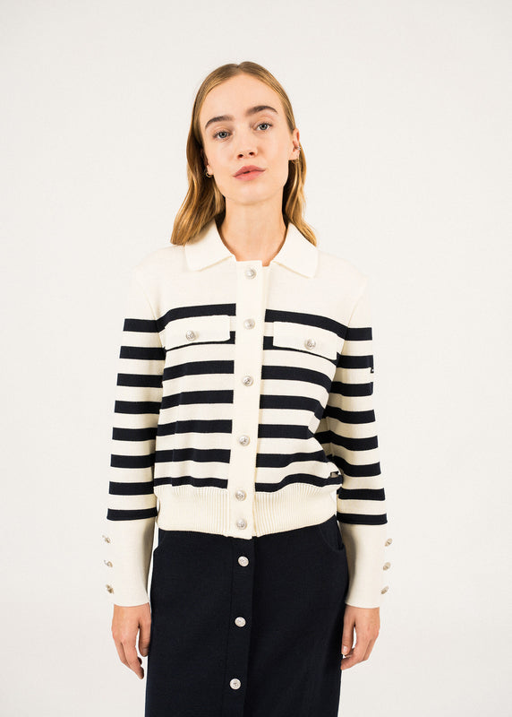 saint james Rollet Striped Wool Cardigan ECUME/NAVY