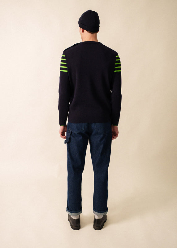 Saint James Sablons Sailor Jumper With Shoulder Striped Yokes- Buttoned Round Neck In Wool NAVY/TONIC