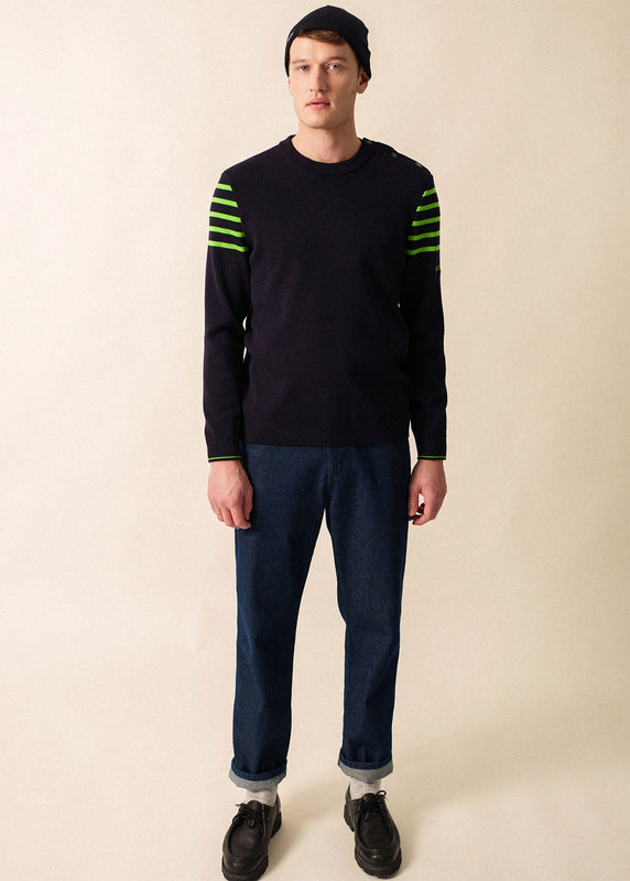 Saint James Sablons Sailor Jumper With Shoulder Striped Yokes- Buttoned Round Neck In Wool NAVY/TONIC