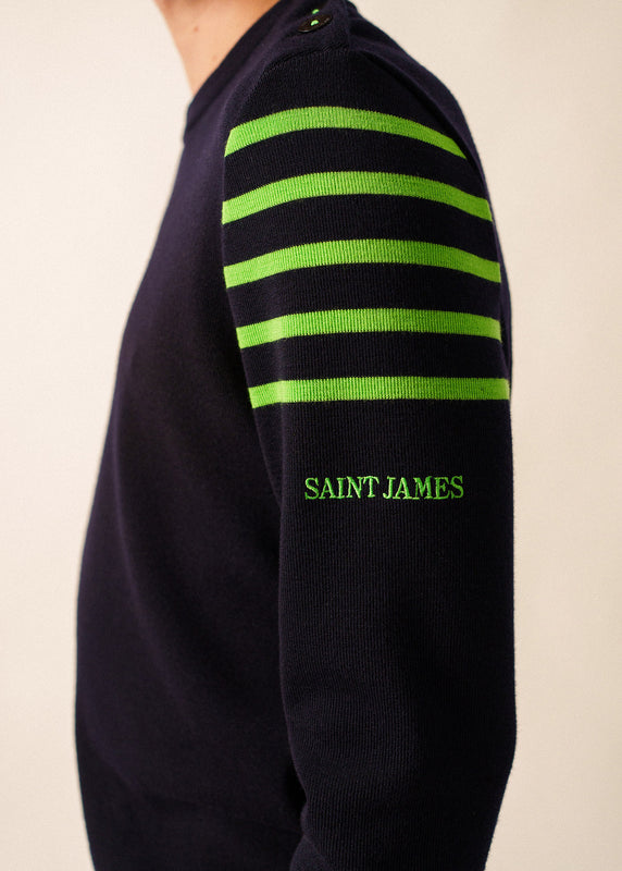Saint James Sablons Sailor Jumper With Shoulder Striped Yokes- Buttoned Round Neck In Wool NAVY/TONIC