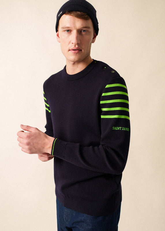 saint james Sablons sailor jumper with shoulder striped yokes- buttoned round neck in wool NAVY/TONIC