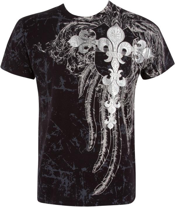 sakkas Men's Silver Metallic Embossed Fleur De Lis Cross Cotton Fashion T-shirt by Sakkas