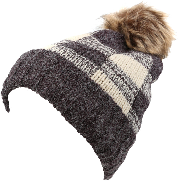 Sakkas Sakkas Baya Long Tall Checker Pattern Fold Over Faux Fur Pom Pom Unisex Beanie Hat