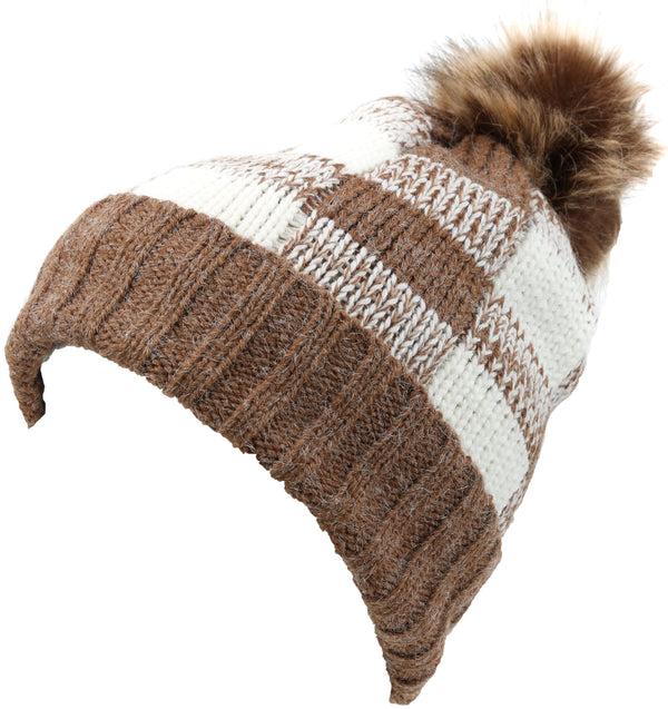 Sakkas Sakkas Baya Long Tall Checker Pattern Fold Over Faux Fur Pom Pom Unisex Beanie Hat