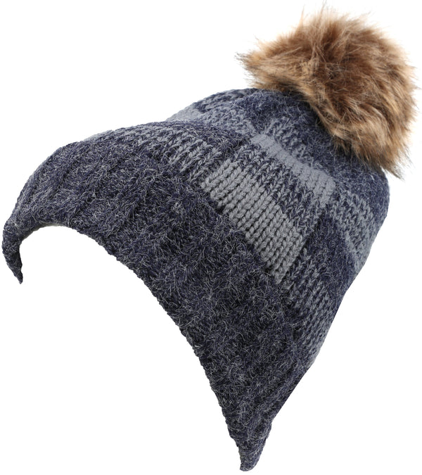 Sakkas Sakkas Baya Long Tall Checker Pattern Fold Over Faux Fur Pom Pom Unisex Beanie Hat