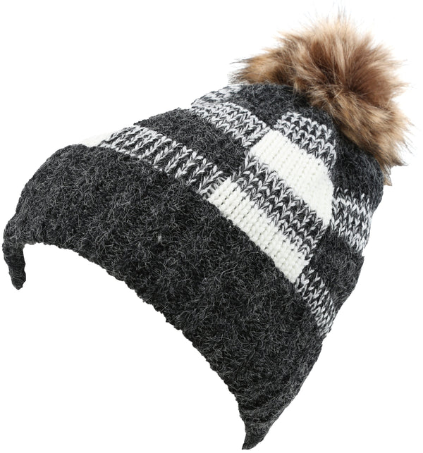 sakkas Sakkas Baya Long Tall Checker Pattern Fold Over Faux Fur Pom Pom Unisex Beanie Hat