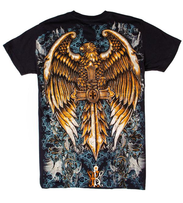 Sakkas Sakkas Eagle Perched On A Sword Metallic Silver Embossed Cotton Mens T-Shirt