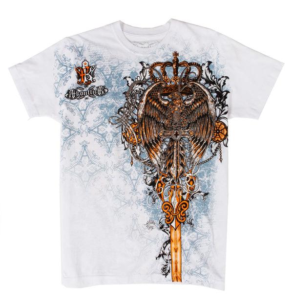 Sakkas Sakkas Eagle Perched On A Sword Metallic Silver Embossed Cotton Mens T-Shirt