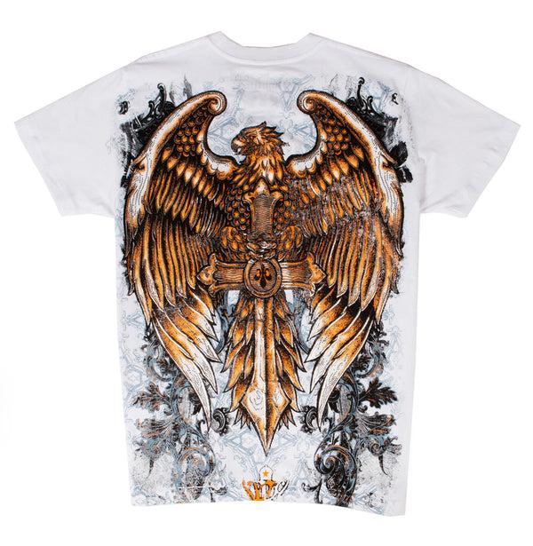 Sakkas Sakkas Eagle Perched On A Sword Metallic Silver Embossed Cotton Mens T-Shirt