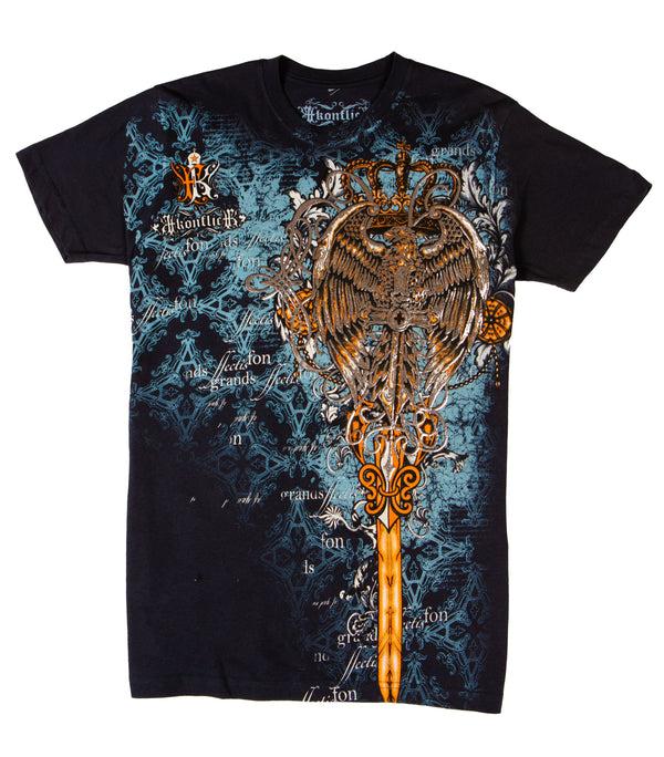 sakkas Sakkas Eagle Perched on a Sword Metallic Silver Embossed Cotton Mens T-Shirt