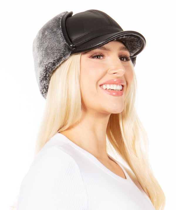Sakkas Sakkas Leather Shearling Unisex Aviator Trapper Winter Cap Ear Flaps Warm Ushanka Hunting Ski Snow Hat Faux Fur Chin Strap