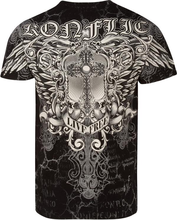 Sakkas Sakkas Mads Mens Gold Cross & Wings Metallic Embossed T-Shirt Short Sleeve Cotton