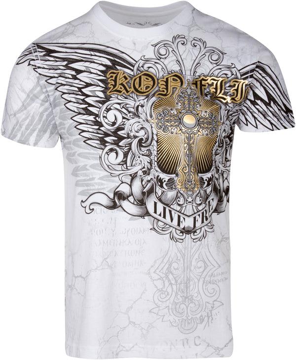 Sakkas Sakkas Mads Mens Gold Cross & Wings Metallic Embossed T-Shirt Short Sleeve Cotton