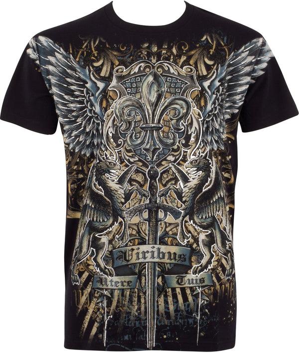 sakkas Sakkas Sword and Griffin Metallic Silver Embossed Cotton Mens Fashion T-shirt