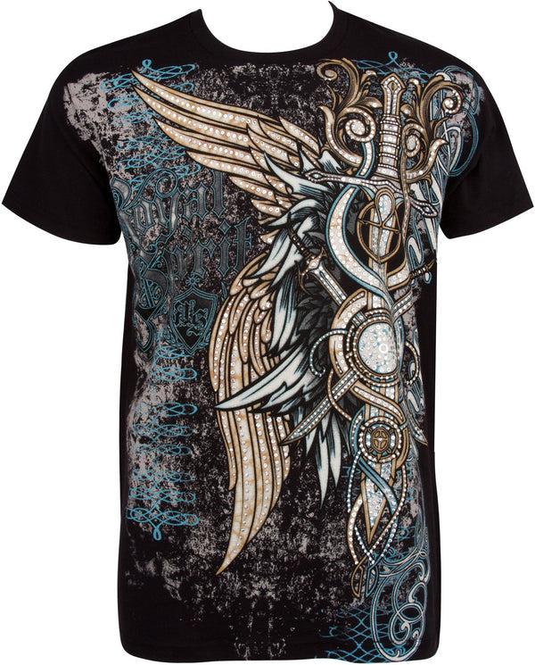 sakkas Sakkas Wings and Swords Metallic Silver Embossed Cotton Mens Fashion T-Shirt