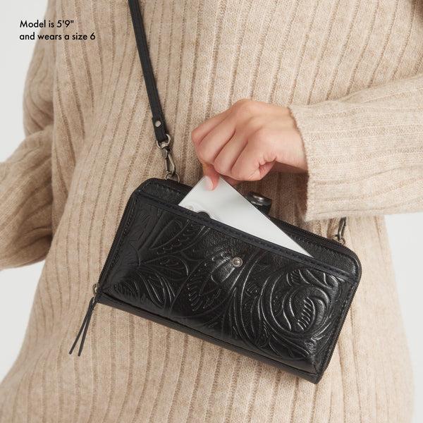 Sakroots Iris Smartphone Wallet Black Leaf Embossed