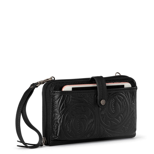 Sakroots Iris Smartphone Wallet Black Leaf Embossed