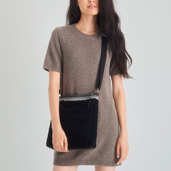 Sakroots Lucia Crossbody Black Suede Blanket Stitch
