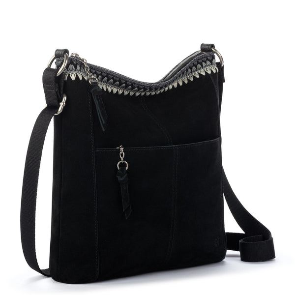 Sakroots Lucia Crossbody Black Suede Blanket Stitch