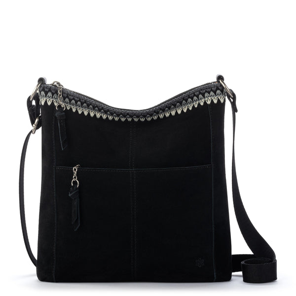 sakroots Lucia Crossbody Black Suede Blanket Stitch
