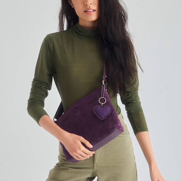 Sakroots Melrose Crossbody Aubergine Suede Heart
