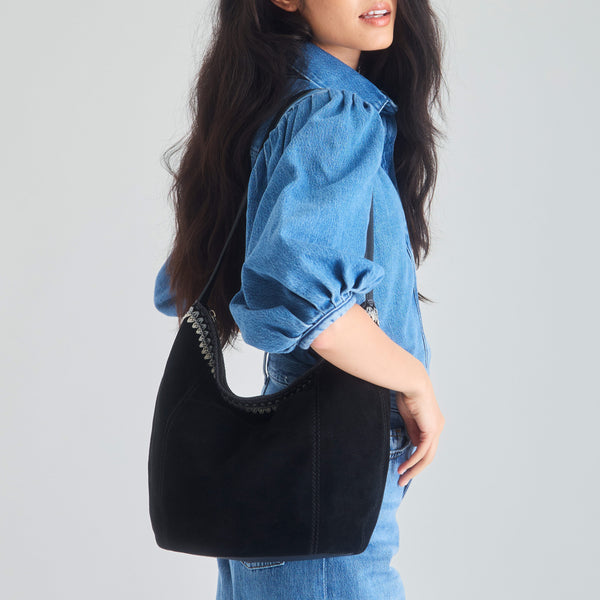 Sakroots Sequoia Hobo Black Suede Blanket Stitch