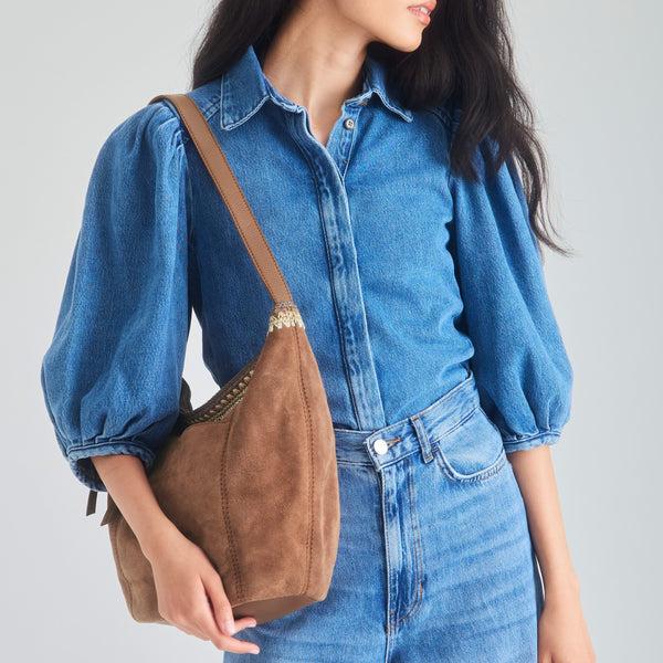 Sakroots Sequoia Hobo Tobacco Suede Blanket Stitch