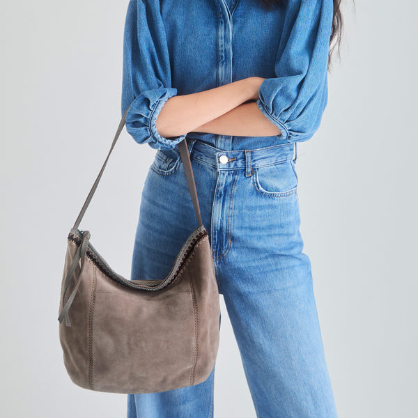 Sakroots Sequoia Hobo Mushroom Suede Blanket Stitch