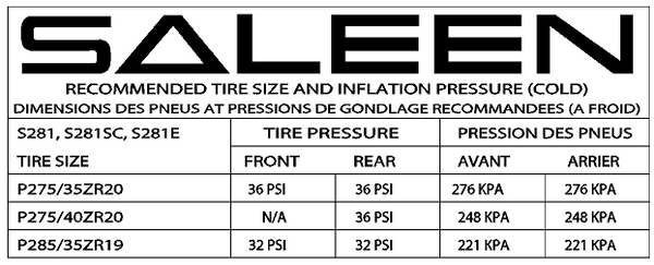 saleen Label Saleen Tire Pressure 05-09 S281 S281SC S281E