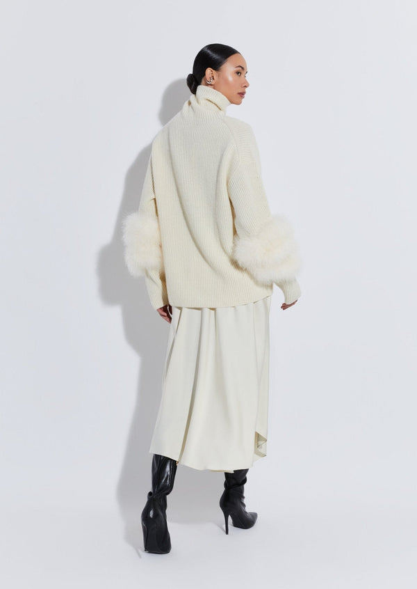 Sally Lapointe Airy Cashmere Silk Turtleneck With Marabou Feathers