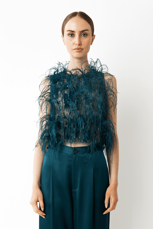 Sally Lapointe Cascading Feather Embellished Cropped Tank